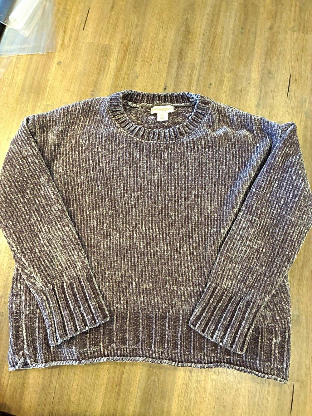 Cynthia Rowley Women's Large warm Gray Ribbed Knit Crew chenille Sweater